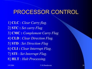 PROCESSOR CONTROL
1] CLC : Clear Carry flag.
2] STC : Set carry Flag
3] CMC : Complement Carry Flag
4] CLD : Clear Direction Flag.
5] STD : Set Direction Flag
6] CLI : Clear Interrupt Flag.
7] STI : Set Interrupt Flag.
8] HLT : Halt Processing.
3/9/2006           Y.H.Dandawate   30
 