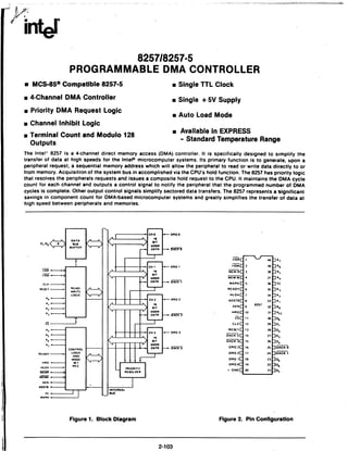 8257/8257-5
PROGRAMMABLE DMA CONTROLLER
■ MCS-85® Compatible 8257-5
■ 4-Channel DMA Controller
■ Priority DMA Request Logic
■ Channel Inhibit Logic
■ Terminal Count and Modulo 128
Outputs
Single TTL Clock
Single + 5V Supply
Auto Load Mode
Available in EXPRESS
- Standard Temperature Range
The Intel* 8257 is a 4-channel direct memory access (DMA) controller. It is specifically designed to simplify the
transfer of data at high speeds for the Intel® microcomputer systems. Its primary function is to generate, upon a
peripheral request, a sequential memory address which will allow the peripheral to read or write data directly to or
from memory. Acquisition of the system bus in accomplished via the CPU's hold function. The 8257 has priority logic
that resolves the peripherals requests and issues a composite hold request to the CPU. It maintains the OMA cycle
count for each channel and outputs a control signal Jo notify the peripheral that the programmed number of OMA
cycles is complete. Other output control signals simplify sectored data transfers. The 8257 represents a significant
savings in component count for DMA-based microcomputer systems and greatly simplifies the transfer of data at
high speed between peripherals and memories.
0,0,
I/ORQ
mcmrC
M[MW[
markC
RfAOVQ
aostbC
A€NC
HROC
clkC
R€S€TC
OACK 2C
OACK 3C
ORQ3C
ORO2C
ORO iC
OROOC
. GNOC
1
2
3
4
S
6
7
8
9
10
11
12
13
14
IS
16
17
18
19
20
^"^ 40
39
38
21
36
3S
34
33
8747 37
31
30
79
78
21
76
25
74
73
72
21
Da
Do,
Doack o
DOACK 1
Do,
Figure 1. Block Diagram Figure 2. Pin Configuration
2-103
 