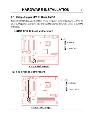 HARDWARE INSTALLATION                                                     8

2.3 Using Jumper JP3 to Clear CMOS
To clear the CMOS data, you should turn off your computer’s power and put Jumper JP3 in the
Clear CMOS position as shown below for at least 10 seconds. Return the jumper to NORMAL
and reboot.

  (1) 845D DDR Chipset Motherboard


                                                                  JP3
                                                                        NORMAL


                                                                         Clear CMOS




                              Clear CMOS Jumper

 (2) 845 Chipset Motherboard


                                                                   JP3
                                                                         NORMAL
                  Transcend




                                                                          Clear CMOS




                               Clear COMS Jumper
 