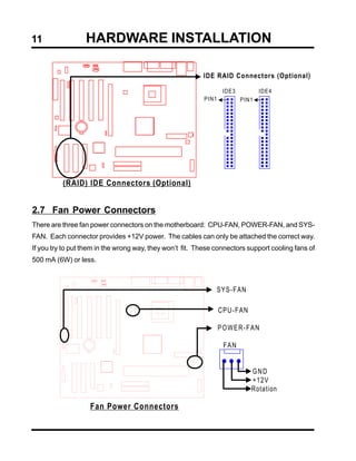 11                HARDWARE INSTALLATION

                                                          IDE RAID Connectors (Optional)

                                                                   IDE3          IDE4
                                                           PIN1           PIN1




          (RAID) IDE Connectors (Optional)


2.7 Fan Power Connectors
There are three fan power connectors on the motherboard: CPU-FAN, POWER-FAN, and SYS-
FAN. Each connector provides +12V power. The cables can only be attached the correct way.
If you try to put them in the wrong way, they won’t fit. These connectors support cooling fans of
500 mA (6W) or less.



                                                                  SYS-FAN

                                                                  CPU-FAN

                                                                  POWER-FAN

                                                                   FAN


                                                                             GND
                                                                             +12V
                                                                             Rotation

                   Fan Power Connectors
 