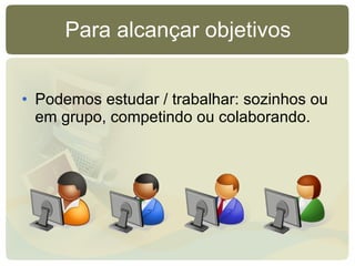 Para alcançar objetivos Podemos estudar / trabalhar: sozinhos ou em grupo, competindo ou colaborando. 