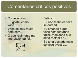 Comentários críticos positivos Comece com: Eu gostei como você... Você se saiu muito bem com... O que realmente me impressionou foi... Defina: Eu não tenho certeza se entendi... Eu entendo o que você está tentando fazer, mas acho que seria melhor se... Eu teria gostado mais se você tivesse... 