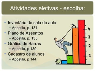 Atividades eletivas - escolha:
• Inventário de sala de aula
– Apostila, p. 131
• Plano de Assentos
– Apostila, p. 135
• Gráfico de Barras
– Apostila, p 139
• Cadastro de alunos
– Apostila, p 144
 