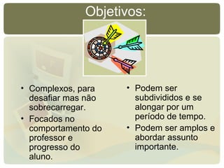 Objetivos:
• Complexos, para
desafiar mas não
sobrecarregar.
• Focados no
comportamento do
professor e
progresso do
aluno.
• Podem ser
subdivididos e se
alongar por um
período de tempo.
• Podem ser amplos e
abordar assunto
importante.
 