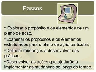 
Explorar o propósito e os elementos de um
plano de ação.

Examinar os propósitos e os elementos
estruturados para o plano de ação particular.

Delinear mudanças a desenvolver nas
práticas.

Desenvolver as ações que ajudarão a
implementar as mudanças ao longo do tempo.
Passos
 