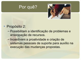 Por quê?
• Propósito 2:
– Possibilitam a identificação de problemas e
antecipação de recursos.
– Incentivam a proatividade e criação de
sistemas pessoais de suporte para auxílio na
execução das mudanças propostas.
 
