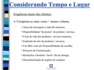  Compram-se mais vezes / menos volume,
Exigências atuais dos clientes:
• Áreas de estocagem a cada dia menores,
• Disponibilidade “de pronto” do produto / serviço,
• Ciclo de vida dos produtos / serviços menores,
• Explosão do mix de produtos / serviços,
• Um SKU com até 50 possibilidades de escolha,
• Processo de Clusterização,
• Restrições a horários / local / dia de entrega,
• Descentralização de regiões de compras.
 