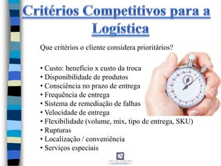 • Custo: benefício x custo da troca
• Disponibilidade de produtos
• Consciência no prazo de entrega
• Frequência de entrega
• Sistema de remediação de falhas
• Velocidade de entrega
• Flexibilidade (volume, mix, tipo de entrega, SKU)
• Rupturas
• Localização / conveniência
• Serviços especiais
Que critérios o cliente considera prioritários?
 