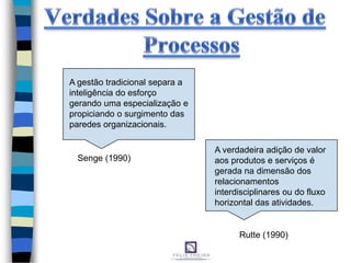 A gestão tradicional separa a
inteligência do esforço
gerando uma especialização e
propiciando o surgimento das
paredes organizacionais.
A verdadeira adição de valor
aos produtos e serviços é
gerada na dimensão dos
relacionamentos
interdisciplinares ou do fluxo
horizontal das atividades.
Senge (1990)
Rutte (1990)
 