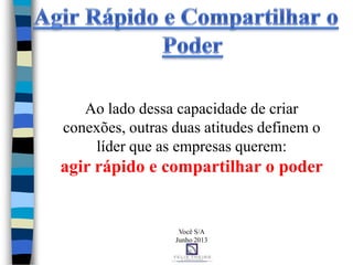 Ao lado dessa capacidade de criar
conexões, outras duas atitudes definem o
líder que as empresas querem:
agir rápido e compartilhar o poder
Você S/A
Junho 2013
 