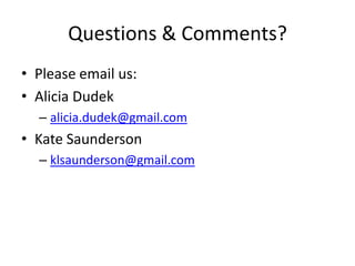 Questions & Comments?Please email us:Alicia Dudekalicia.dudek@gmail.comKate Saundersonklsaunderson@gmail.com