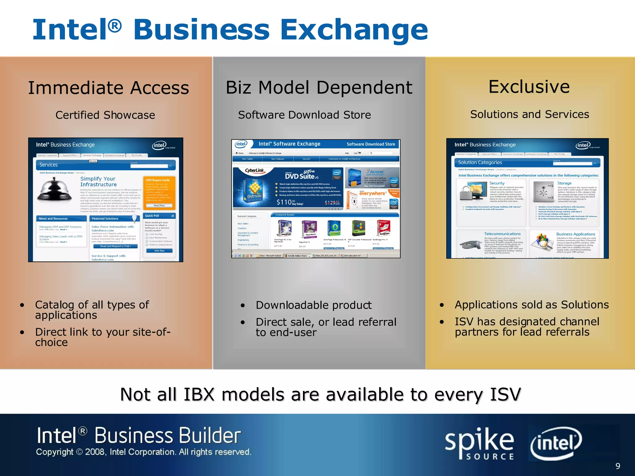 Intel ®  Business Exchange Downloadable product Direct sale, or lead referral to end-user Software Download Store Applications sold as Solutions ISV has designated channel partners for lead referrals Solutions and Services Catalog of all types of applications Direct link to your site-of-choice Certified Showcase Immediate Access Biz Model Dependent Exclusive Not all IBX models are available to every ISV 