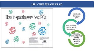 Intel Inside
Campaign
1991
Intel capturing
90% of world
computers
MARCOM
AWARD (1992),
GRAND
MARQUIS
WINNER
(1992)
 