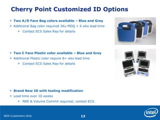 NDA Customers Only 13
Cherry Point Customized ID Options
 Two A/D Face Bag colors available – Blue and Grey
 Additional Bag color required 3Ku MOQ + 6 wks lead time
 Contact ECS Sales Rep for details
 Two C Face Plastic color available – Blue and Grey
 Additional Plastic color require 8+ wks lead time
 Contact ECS Sales Rep for details
 Brand New ID with tooling modification
 Lead time over 10 weeks
 NRE & Volume Commit required; contact ECS
 