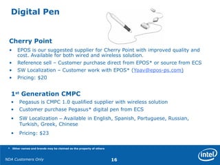 NDA Customers Only 16
Digital Pen
Cherry Point
• EPOS is our suggested supplier for Cherry Point with improved quality and
cost. Available for both wired and wireless solution.
• Reference sell – Customer purchase direct from EPOS* or source from ECS
• SW Localization – Customer work with EPOS* (Yoav@epos-ps.com)
• Pricing: $20
1st
Generation CMPC
• Pegasus is CMPC 1.0 qualified supplier with wireless solution
• Customer purchase Pegasus* digital pen from ECS
• SW Localization – Available in English, Spanish, Portuguese, Russian,
Turkish, Greek, Chinese
• Pricing: $23
* Other names and brands may be claimed as the property of others
 