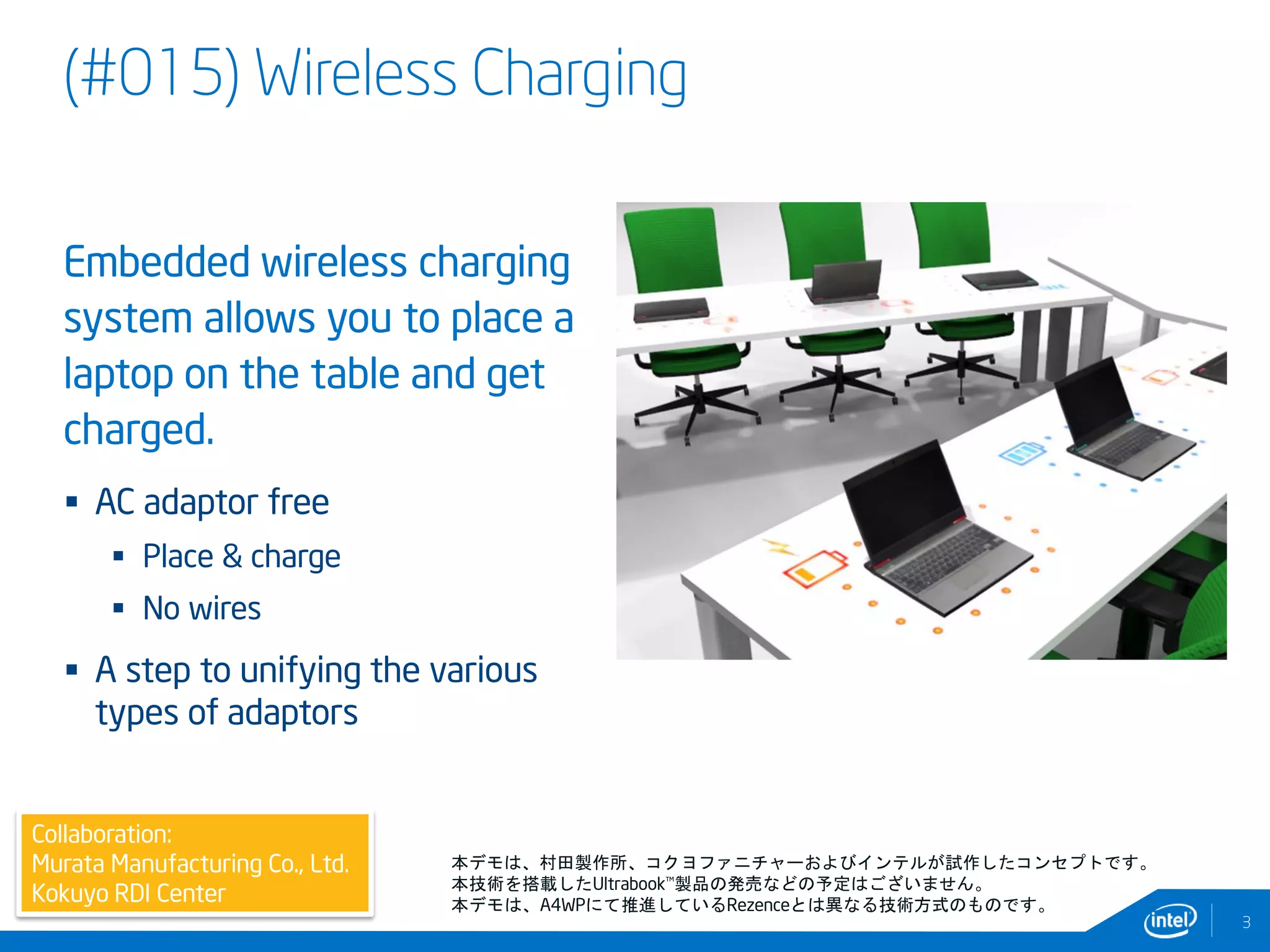 (#015) Wireless Charging
Embedded wireless charging
system allows you to place a
laptop on the table and get
charged.
 AC adaptor free
 Place & charge
 No wires
 A step to unifying the various
types of adaptors
3
本デモは、村田製作所、コクヨファニチャーおよびインテルが試作したコンセプトです。
本技術を搭載したUltrabook™製品の発売などの予定はございません。
本デモは、A4WPにて推進しているRezenceとは異なる技術方式のものです。
Collaboration:
Murata Manufacturing Co., Ltd.
Kokuyo RDI Center
 