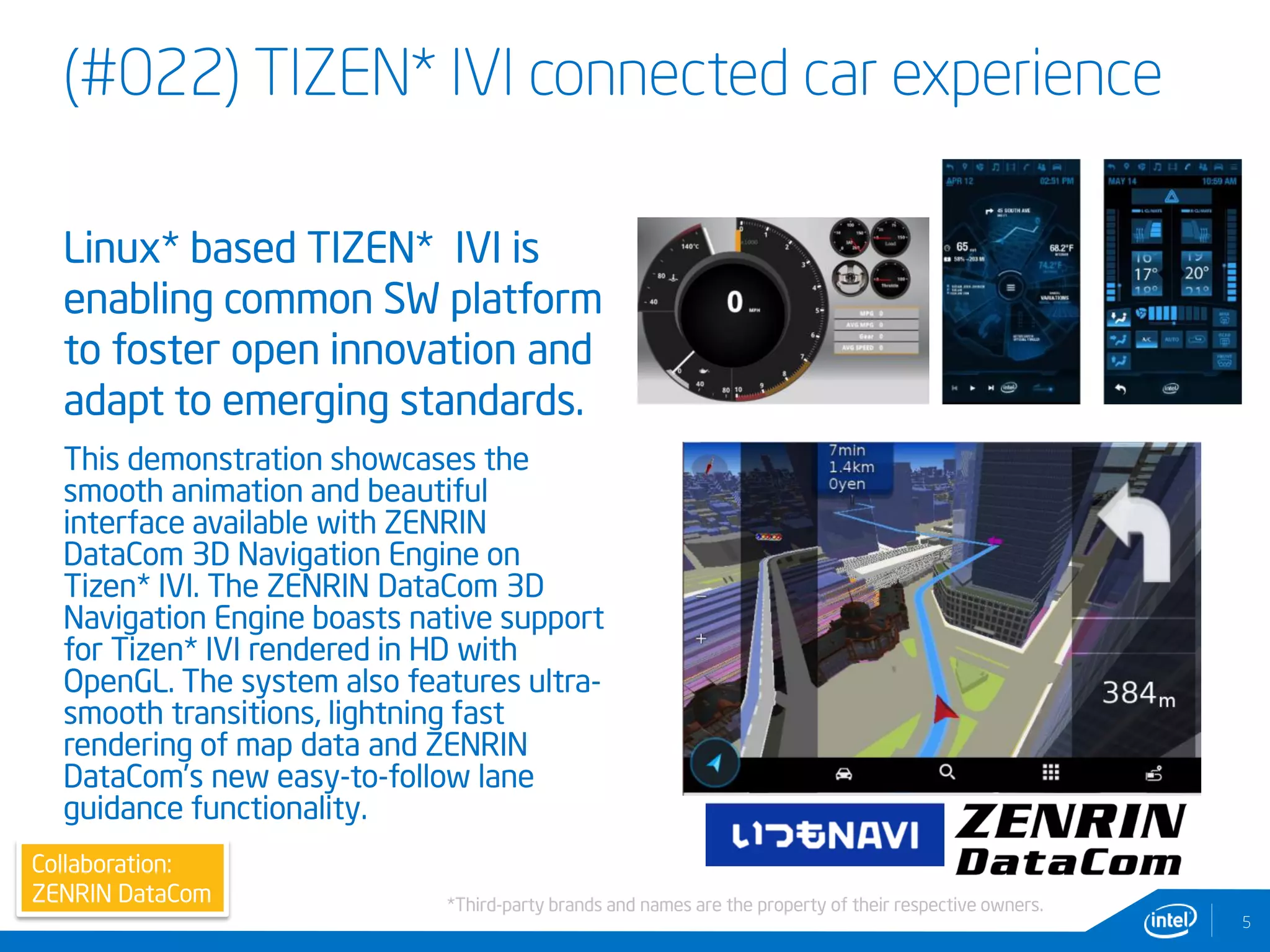 (#022) TIZEN* IVI connected car experience
Linux* based TIZEN* IVI is
enabling common SW platform
to foster open innovation and
adapt to emerging standards.
This demonstration showcases the
smooth animation and beautiful
interface available with ZENRIN
DataCom 3D Navigation Engine on
Tizen* IVI. The ZENRIN DataCom 3D
Navigation Engine boasts native support
for Tizen* IVI rendered in HD with
OpenGL. The system also features ultra-
smooth transitions, lightning fast
rendering of map data and ZENRIN
DataCom’s new easy-to-follow lane
guidance functionality.
5
Collaboration:
ZENRIN DataCom *Third-party brands and names are the property of their respective owners.
 