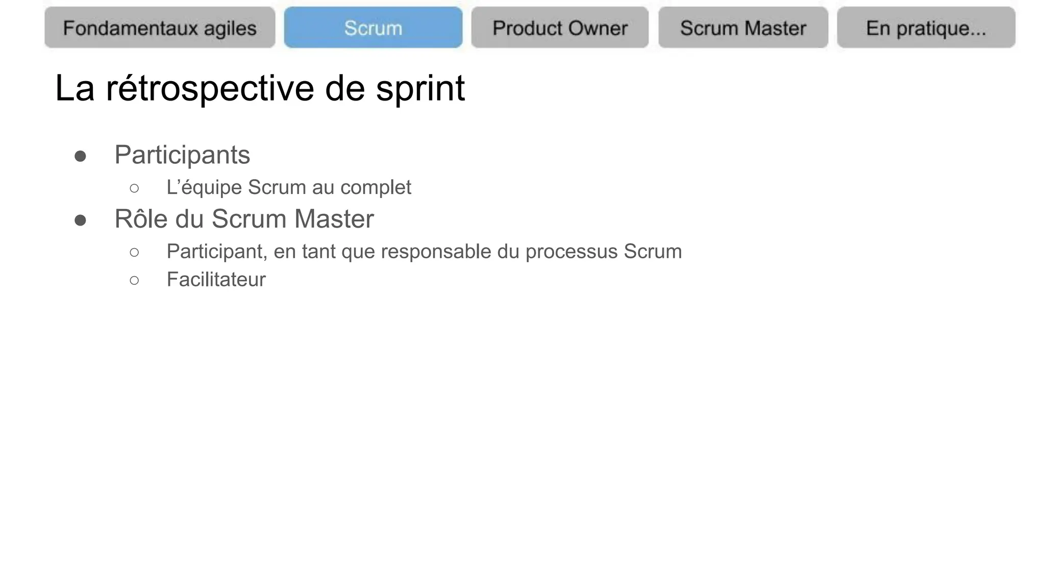 La rétrospective de sprint
● Participants
○ L’équipe Scrum au complet
● Rôle du Scrum Master
○ Participant, en tant que responsable du processus Scrum
○ Facilitateur
 