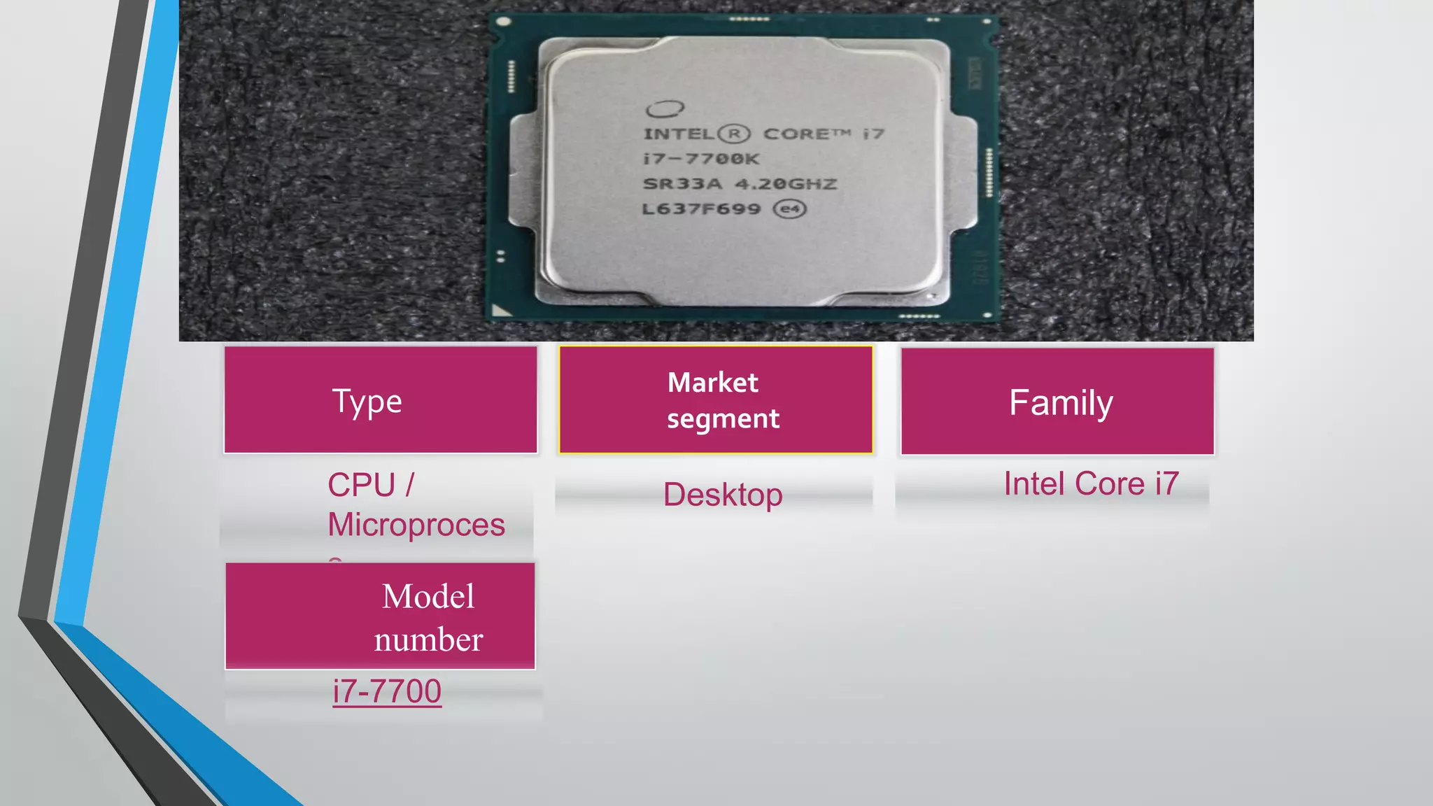 Intel Core i7DesktopCPU /
Microproces
s
Type
Market
segment Family
Model
number
i7-7700
 