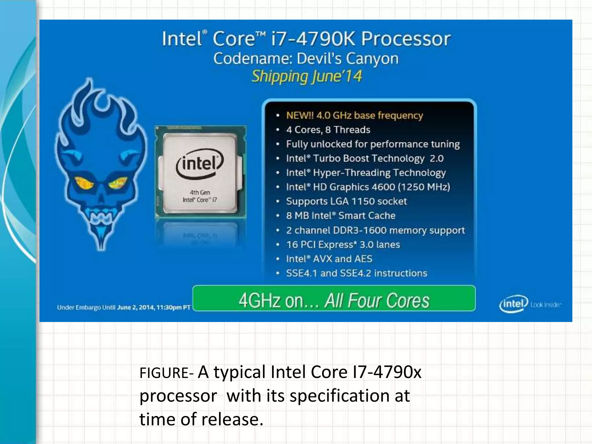 FIGURE- A typical Intel Core I7-4790x
processor with its specification at
time of release.
 