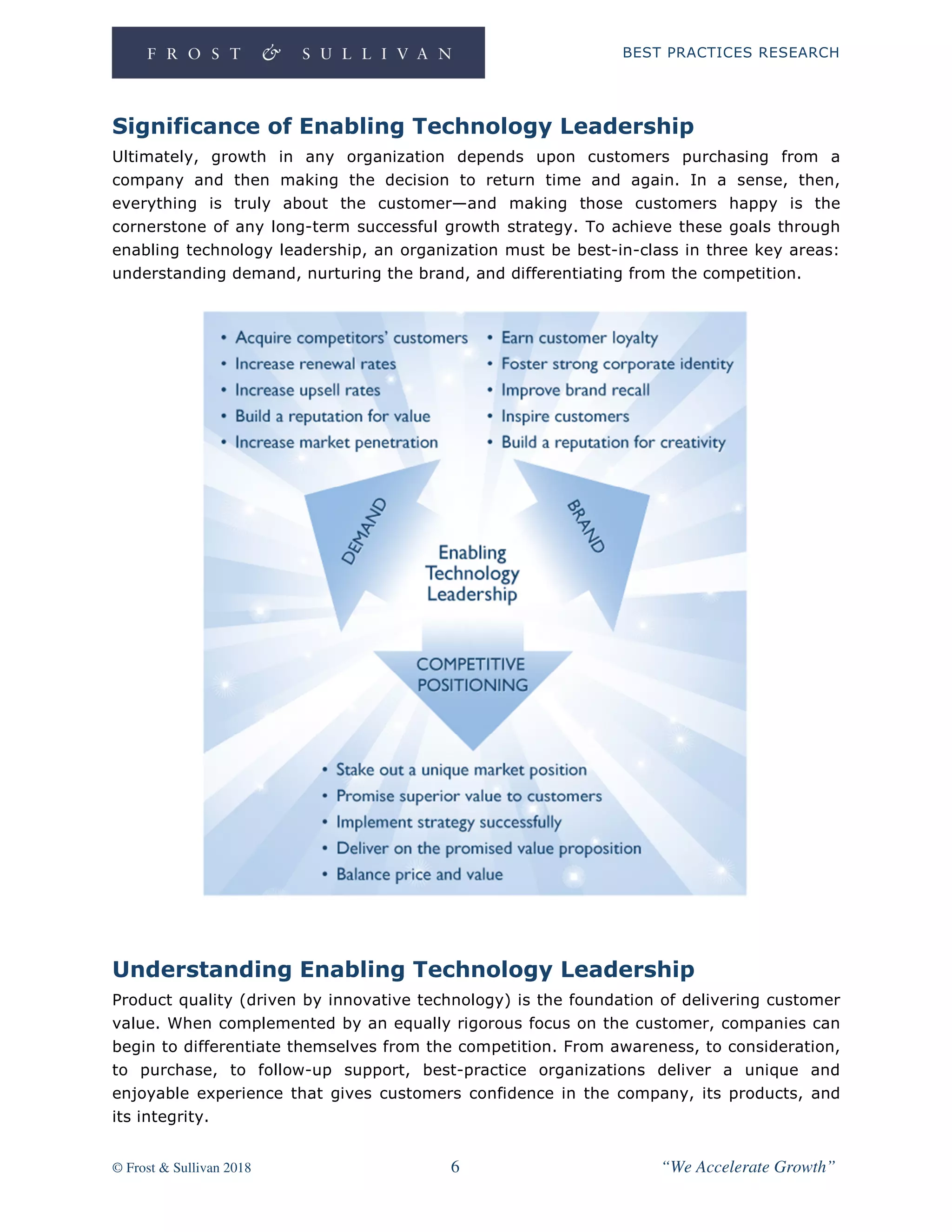 BEST PRACTICES RESEARCH
© Frost & Sullivan 2018 6 “We Accelerate Growth”
Significance of Enabling Technology Leadership
Ultimately, growth in any organization depends upon customers purchasing from a
company and then making the decision to return time and again. In a sense, then,
everything is truly about the customer—and making those customers happy is the
cornerstone of any long-term successful growth strategy. To achieve these goals through
enabling technology leadership, an organization must be best-in-class in three key areas:
understanding demand, nurturing the brand, and differentiating from the competition.
Understanding Enabling Technology Leadership
Product quality (driven by innovative technology) is the foundation of delivering customer
value. When complemented by an equally rigorous focus on the customer, companies can
begin to differentiate themselves from the competition. From awareness, to consideration,
to purchase, to follow-up support, best-practice organizations deliver a unique and
enjoyable experience that gives customers confidence in the company, its products, and
its integrity.
 