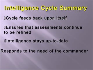 Intelligence Cycle SummaryIntelligence Cycle Summary
Cycle feeds back upon itselfCycle feeds back upon itself
Ensures that assessments continue
to be refined
Intelligence stays up-to-date
Responds to the need of the commander
 