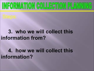 Steps:
3. who we will collect this
information from?
4. how we will collect this
information?
 