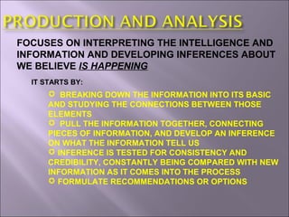 FOCUSES ON INTERPRETING THE INTELLIGENCE AND
INFORMATION AND DEVELOPING INFERENCES ABOUT
WE BELIEVE IS HAPPENING
IT STARTS BY:
 BREAKING DOWN THE INFORMATION INTO ITS BASIC
AND STUDYING THE CONNECTIONS BETWEEN THOSE
ELEMENTS
 PULL THE INFORMATION TOGETHER, CONNECTING
PIECES OF INFORMATION, AND DEVELOP AN INFERENCE
ON WHAT THE INFORMATION TELL US
 INFERENCE IS TESTED FOR CONSISTENCY AND
CREDIBILITY, CONSTANTLY BEING COMPARED WITH NEW
INFORMATION AS IT COMES INTO THE PROCESS
 FORMULATE RECOMMENDATIONS OR OPTIONS
 