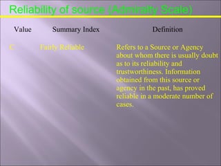 Reliability of source (Admiralty Scale)
Value Summary Index Definition
C Fairly Reliable Refers to a Source or Agency
about whom there is usually doubt
as to its reliability and
trustworthiness. Information
obtained from this source or
agency in the past, has proved
reliable in a moderate number of
cases.
 
