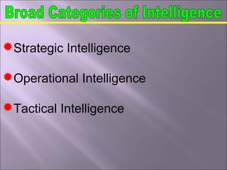 Strategic Intelligence
Operational Intelligence
Tactical Intelligence
 