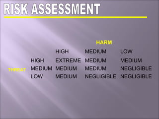 HARM
HIGH MEDIUM LOW
THREAT
HIGH EXTREME MEDIUM MEDIUM
MEDIUM MEDIUM MEDIUM NEGLIGIBLE
LOW MEDIUM NEGLIGIBLE NEGLIGIBLE
 