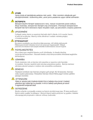 Product Description
35
UYARI
Yanlış türde pil takıldığında patlama riski vardır. Piller mümkün olduğunda geri
dönüştürülmelidir. Kullanılmış piller, yerel çevre yasalarına uygun olarak atılmalıdır.
OСТОРОГА
Використовуйте батареї правильного типу, інакше існуватиме ризик вибуху.
Якщо можливо, використані батареї слід утилізувати. Утилізація використаних
батарей має бути виконана згідно місцевих норм, що регулюють охорону довкілля.
 