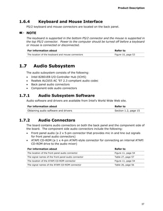 Product Description
37
1.6.4 Keyboard and Mouse Interface
PS/2 keyboard and mouse connectors are located on the back panel.
NOTE
The keyboard is supported in the bottom PS/2 connector and the mouse is supported in
the top PS/2 connector. Power to the computer should be turned off before a keyboard
or mouse is connected or disconnected.
For information about Refer to
The location of the keyboard and mouse connectors Figure 10, page 53
1.7 Audio Subsystem
The audio subsystem consists of the following:
• Intel 82801EB I/O Controller Hub (ICH5)
• Realtek ALC655 AC ’97 2.3 compliant audio codec
• Back panel audio connectors
• Component-side audio connectors
1.7.1 Audio Subsystem Software
Audio software and drivers are available from Intel’s World Wide Web site.
For information about Refer to
Obtaining audio software and drivers Section 1.2, page 15
1.7.2 Audio Connectors
The board contains audio connectors on both the back panel and the component side of
the board. The component side audio connectors include the following:
• Front panel audio (a 2 x 5-pin connector that provides mic in and line out signals
for front panel audio connectors)
• ATAPI CD-ROM (a 1 x 4-pin ATAPI-style connector for connecting an internal ATAPI
CD-ROM drive to the audio mixer)
For information about Refer to
The location of the front panel audio connector Figure 11, page 54
The signal names of the front panel audio connector Table 27, page 57
The location of the ATAPI CD-ROM connector Figure 11, page 54
The signal names of the ATAPI CD-ROM connector Table 26, page 56
 