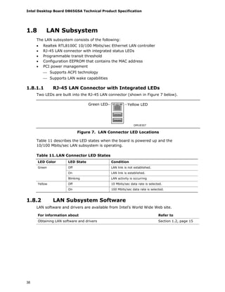 Intel Desktop Board D865GSA Technical Product Specification
38
1.8 LAN Subsystem
The LAN subsystem consists of the following:
• Realtek RTL8100C 10/100 Mbits/sec Ethernet LAN controller
• RJ-45 LAN connector with integrated status LEDs
• Programmable transit threshold
• Configuration EEPROM that contains the MAC address
• PCI power management
⎯ Supports ACPI technology
⎯ Supports LAN wake capabilities
1.8.1.1 RJ-45 LAN Connector with Integrated LEDs
Two LEDs are built into the RJ-45 LAN connector (shown in Figure 7 below).
Green LED Yellow LED
OM18307
Figure 7. LAN Connector LED Locations
Table 11 describes the LED states when the board is powered up and the
10/100 Mbits/sec LAN subsystem is operating.
Table 11. LAN Connector LED States
LED Color LED State Condition
Off LAN link is not established.
On LAN link is established.
Green
Blinking LAN activity is occurring
Off 10 Mbits/sec data rate is selected.Yellow
On 100 Mbits/sec data rate is selected.
1.8.2 LAN Subsystem Software
LAN software and drivers are available from Intel’s World Wide Web site.
For information about Refer to
Obtaining LAN software and drivers Section 1.2, page 15
 