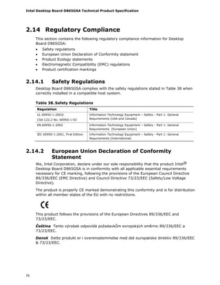 Intel Desktop Board D865GSA Technical Product Specification
70
2.14 Regulatory Compliance
This section contains the following regulatory compliance information for Desktop
Board D865GSA:
• Safety regulations
• European Union Declaration of Conformity statement
• Product Ecology statements
• Electromagnetic Compatibility (EMC) regulations
• Product certification markings
2.14.1 Safety Regulations
Desktop Board D865GSA complies with the safety regulations stated in Table 38 when
correctly installed in a compatible host system.
Table 38. Safety Regulations
Regulation Title
UL 60950-1:2003/
CSA C22.2 No. 60950-1-03
Information Technology Equipment – Safety - Part 1: General
Requirements (USA and Canada)
EN 60950-1:2002 Information Technology Equipment – Safety - Part 1: General
Requirements (European Union)
IEC 60950-1:2001, First Edition Information Technology Equipment – Safety - Part 1: General
Requirements (International)
2.14.2 European Union Declaration of Conformity
Statement
We, Intel Corporation, declare under our sole responsibility that the product Intel®
Desktop Board D865GSA is in conformity with all applicable essential requirements
necessary for CE marking, following the provisions of the European Council Directive
89/336/EEC (EMC Directive) and Council Directive 73/23/EEC (Safety/Low Voltage
Directive).
The product is properly CE marked demonstrating this conformity and is for distribution
within all member states of the EU with no restrictions.
This product follows the provisions of the European Directives 89/336/EEC and
73/23/EEC.
Čeština Tento výrobek odpovídá požadavkům evropských směrnic 89/336/EEC a
73/23/EEC.
Dansk Dette produkt er i overensstemmelse med det europæiske direktiv 89/336/EEC
& 73/23/EEC.
 