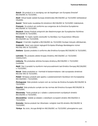 Technical Reference
71
Dutch Dit product is in navolging van de bepalingen van Europees Directief
89/336/EEC & 73/23/EEC.
Eesti Antud toode vastab Euroopa direktiivides 89/336/EEC ja 73/23/EEC kehtestatud
nõuetele.
Suomi Tämä tuote noudattaa EU-direktiivin 89/336/EEC & 73/23/EEC määräyksiä.
Français Ce produit est conforme aux exigences de la Directive Européenne
89/336/EEC & 73/23/EEC.
Deutsch Dieses Produkt entspricht den Bestimmungen der Europäischen Richtlinie
89/336/EEC & 73/23/EEC.
Ελληνικά Το παρόν προϊόν ακολουθεί τις διατάξεις των Ευρωπαϊκών Οδηγιών
89/336/ΕΟΚ και 73/23/ΕΟΚ.
Magyar E termék megfelel a 89/336/EEC és 73/23/EEC Európai Irányelv előírásainak.
Icelandic Þessi vara stenst reglugerð Evrópska Efnahags Bandalagsins númer
89/336/ EEC & 73/23/EEC.
Italiano Questo prodotto è conforme alla Direttiva Europea 89/336/EEC & 73/23/EEC.
Latviešu Šis produkts atbilst Eiropas Direktīvu 89/336/EEC un 73/23/EEC
noteikumiem.
Lietuvių Šis produktas atitinka Europos direktyvų 89/336/EEC ir 73/23/EEC
nuostatas.
Malti Dan il-prodott hu konformi mal-provvedimenti tad-Direttivi Ewropej 89/336/EEC
u 73/23/EEC.
Norsk Dette produktet er i henhold til bestemmelsene i det europeiske direktivet
89/336/ EEC & 73/23/EEC.
Polski Niniejszy produkt jest zgodny z postanowieniami Dyrektyw Unii Europejskiej
89/336/EWG i 73/23/EWG.
Portuguese Este produto cumpre com as normas da Diretiva Européia 89/336/EEC &
73/23/EEC.
Español Este producto cumple con las normas del Directivo Europeo 89/336/EEC &
73/23/EEC.
Slovensky Tento produkt je v súlade s ustanoveniami európskych direktív
89/336/EEC a 73/23/EEC.
Slovenščina Izdelek je skladen z določbami evropskih direktiv 89/336/EGS in
73/23/EGS.
Svenska Denna produkt har tillverkats i enlighet med EG-direktiv 89/336/EEC &
73/23/EEC.
Türkçe Bu ürün, Avrupa Birliği’nin 89/336/EEC ve 73/23/EEC yönergelerine uyar.
 