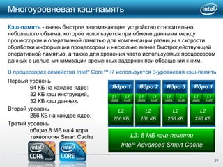 Многоуровневая кэш-память Кэш-память  - очень быстрое запоминающее устройство относительно небольшого объема, которое используется при обмене данными между процессором и оперативной памятью для компенсации разницы в скорости обработки информации процессором и несколько менее быстродействующей оперативной памятью, а также для хранения часто используемых процессором данных с целью минимизации временных задержек при обращении к ним. В процессорах семейства Intel ®  Core™ i7 используется 3-уровневая кэш-память  Ядро  1 Первый   уровень 64 КБ на каждое ядро: 32  КБ   кэш инструкций, 32  КБ кэш данных. Второй   уровень 256 КБ на каждое ядро. Третий   уровень общие 8 МБ на 4 ядра , технология  Smart Cache Ядро  2 Ядро  3 Ядро  1 L1 data L3 : 8 МБ кэш-памяти Intel ®  Advanced Smart Cache L2 256  КБ L1 instr L1 data L2 256  КБ L1 instr L1 data L2 256  КБ L1 instr L1 data L2 256  КБ L1 instr 