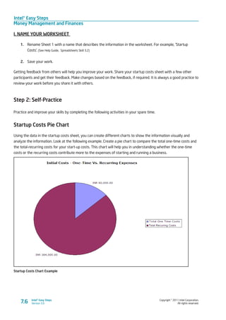 Intel® Easy Steps
Money Management and Finances
Copyright © 2011 Intel Corporation.
All rights reserved.
Intel® Easy Steps
Version 3.07.6
I. NAME YOUR WORKSHEET
1.	 Rename Sheet 1 with a name that describes the information in the worksheet. For example, ‘Startup
Costs’. (See Help Guide, Spreadsheets Skill 3.2)
2.	 Save your work.
Getting feedback from others will help you improve your work. Share your startup costs sheet with a few other
participants and get their feedback. Make changes based on the feedback, if required. It is always a good practice to
review your work before you share it with others.
Step 2: Self-Practice
Practice and improve your skills by completing the following activities in your spare time.
Startup Costs Pie Chart
Using the data in the startup costs sheet, you can create different charts to show the information visually and
analyze the information. Look at the following example. Create a pie chart to compare the total one-time costs and
the total-recurring costs for your start-up costs. This chart will help you in understanding whether the one-time
costs or the recurring costs contribute more to the expenses of starting and running a business.
Startup Costs Chart Example
 