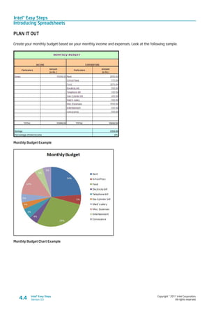 Intel® Easy Steps
Introducing Spreadsheets
Copyright © 2011 Intel Corporation.
All rights reserved.
Intel® Easy Steps
Version 3.04.4
PLAN IT OUT
Create your monthly budget based on your monthly income and expenses. Look at the following sample.
Monthly Budget Example
Monthly Budget Chart Example
 