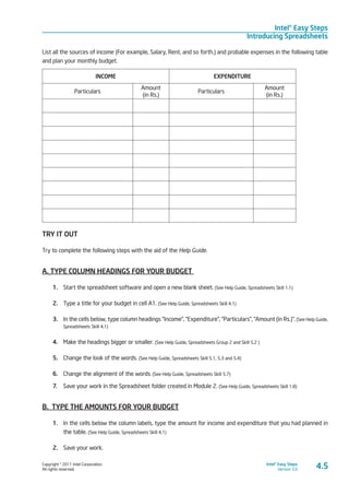 Copyright © 2011 Intel Corporation.
All rights reserved.
Intel® Easy Steps
Version 3.0
Intel® Easy Steps
Introducing Spreadsheets
4.5
List all the sources of income (For example, Salary, Rent, and so forth.) and probable expenses in the following table
and plan your monthly budget.
INCOME EXPENDITURE
Particulars
Amount
(in Rs.)
Particulars
Amount
(in Rs.)
TRY IT OUT
Try to complete the following steps with the aid of the Help Guide.
A. TYPE COLUMN HEADINGS FOR YOUR BUDGET
1.	 Start the spreadsheet software and open a new blank sheet. (See Help Guide, Spreadsheets Skill 1.1)
2.	 Type a title for your budget in cell A1. (See Help Guide, Spreadsheets Skill 4.1)
3.	 In the cells below, type column headings “Income”, “Expenditure”, “Particulars”, “Amount (in Rs.)”. (See Help Guide,
Spreadsheets Skill 4.1)
4.	 Make the headings bigger or smaller. (See Help Guide, Spreadsheets Group 2 and Skill 5.2 )
5.	 Change the look of the words. (See Help Guide, Spreadsheets Skill 5.1, 5.3 and 5.4)
6.	 Change the alignment of the words. (See Help Guide, Spreadsheets Skill 5.7)
7.	 Save your work in the Spreadsheet folder created in Module 2. (See Help Guide, Spreadsheets Skill 1.8)
B. TYPE THE AMOUNTS FOR YOUR BUDGET
1.	 In the cells below the column labels, type the amount for income and expenditure that you had planned in
the table. (See Help Guide, Spreadsheets Skill 4.1)
2.	 Save your work.
 