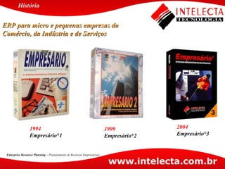 ERP para micro e pequenas empresas do Comércio, da Indústria e de Serviços 1994 Empresário ® 1 História Enterprise Resource Planning  – Planejamento de Recursos Empresariais 2004 Empresário ® 3 1999 Empresário ® 2   