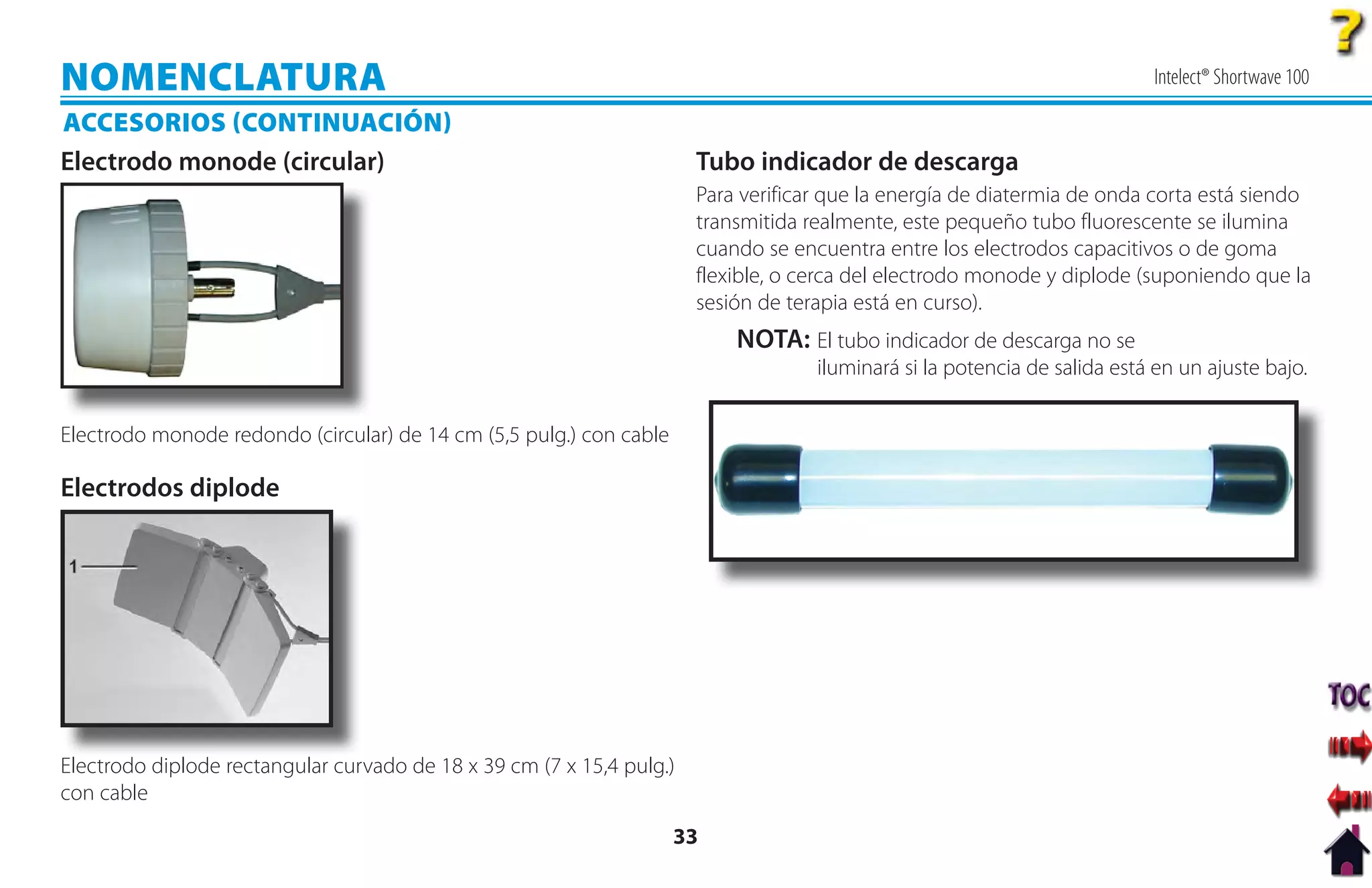 NOMENCLATURA                                                                                                               Intelect® Shortwave 100

ACCESORIOS CONTINUACIÓN
Electrodo monode (circular)                                            Tubo indicador de descarga
                                                                       Para verificar que la energía de diatermia de onda corta está siendo
                                                                       transmitida realmente, este pequeño tubo fluorescente se ilumina
                                                                       cuando se encuentra entre los electrodos capacitivos o de goma
                                                                       flexible, o cerca del electrodo monode y diplode (suponiendo que la
                                                                       sesión de terapia está en curso).
                                                                           NOTA: El tubo indicador de descarga no se
                                                                                    iluminará si la potencia de salida está en un ajuste bajo.


Electrodo monode redondo (circular) de 14 cm (5,5 pulg.) con cable

Electrodos diplode




Electrodo diplode rectangular curvado de 18 x 39 cm (7 x 15,4 pulg.)
con cable
                                                                     33
 