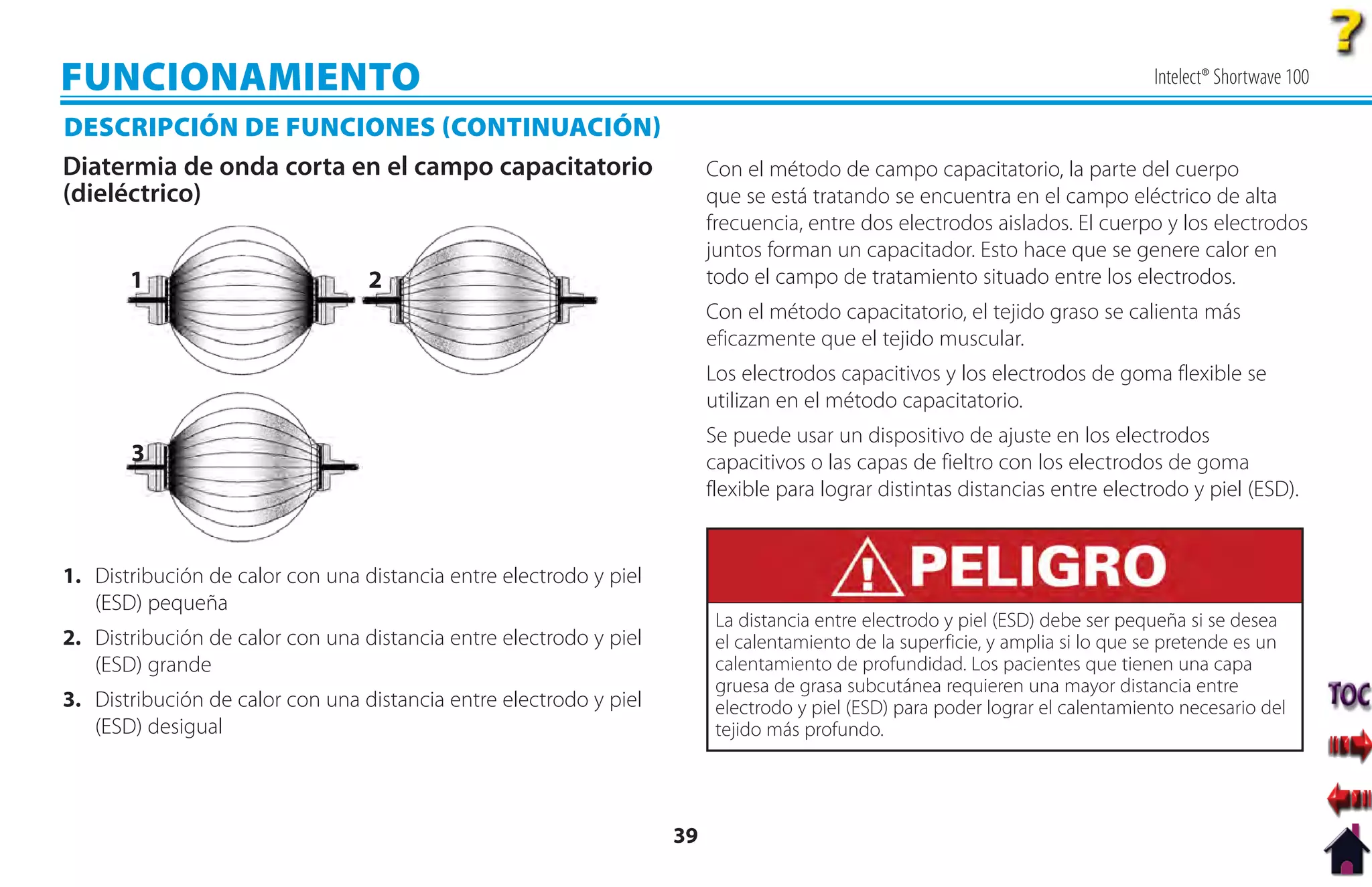 FUNCIONAMIENTO                                                                                                                  Intelect® Shortwave 100

DESCRIPCIÓN DE FUNCIONES CONTINUACIÓN
Diatermia de onda corta en el campo capacitatorio                        Con el método de campo capacitatorio, la parte del cuerpo
(dieléctrico)                                                            que se está tratando se encuentra en el campo eléctrico de alta
                                                                         frecuencia, entre dos electrodos aislados. El cuerpo y los electrodos
                                                                         juntos forman un capacitador. Esto hace que se genere calor en
       1                          2                                      todo el campo de tratamiento situado entre los electrodos.
                                                                         Con el método capacitatorio, el tejido graso se calienta más
                                                                         eficazmente que el tejido muscular.
                                                                         Los electrodos capacitivos y los electrodos de goma flexible se
                                                                         utilizan en el método capacitatorio.
                                                                         Se puede usar un dispositivo de ajuste en los electrodos
       3                                                                 capacitivos o las capas de fieltro con los electrodos de goma
                                                                         flexible para lograr distintas distancias entre electrodo y piel (ESD).


1. Distribución de calor con una distancia entre electrodo y piel
   (ESD) pequeña
                                                                          La distancia entre electrodo y piel (ESD) debe ser pequeña si se desea
2. Distribución de calor con una distancia entre electrodo y piel         el calentamiento de la superficie, y amplia si lo que se pretende es un
   (ESD) grande                                                           calentamiento de profundidad. Los pacientes que tienen una capa
                                                                          gruesa de grasa subcutánea requieren una mayor distancia entre
3. Distribución de calor con una distancia entre electrodo y piel         electrodo y piel (ESD) para poder lograr el calentamiento necesario del
   (ESD) desigual                                                         tejido más profundo.




                                                                    39
 