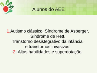 Alunos do AEE
1.Autismo clássico, Síndrome de Asperger,
Síndrome de Rett,
Transtorno desistegrativo da infância,
e transtornos invasivos.
2. Altas habilidades e superdotação.
 