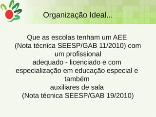Organização Ideal...
Que as escolas tenham um AEE
(Nota técnica SEESP/GAB 11/2010) com
um profissional
adequado - licenciado e com
especialização em educação especial e
também
auxiliares de sala
(Nota técnica SEESP/GAB 19/2010)
 