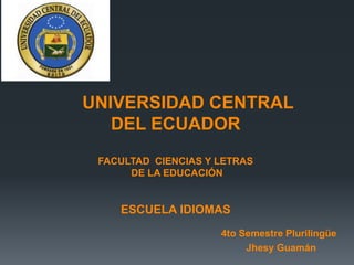 UNIVERSIDAD CENTRAL
DEL ECUADOR
FACULTAD CIENCIAS Y LETRAS
DE LA EDUCACIÓN
ESCUELA IDIOMAS
4to Semestre Plurilingüe
Jhesy Guamán
 
