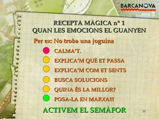 RECEPTA MÀGICA nº 1 QUAN LES EMOCIONS EL GUANYEN CALMA’T. EXPLICA’M QUÈ ET PASSA EXPLICA’M COM ET SENTS BUSCA SOLUCIONS QUINA ÉS LA MILLOR? POSA-LA EN MARXA!!! ACTIVEM EL SEMÀFOR Per ex: No troba una joguina 