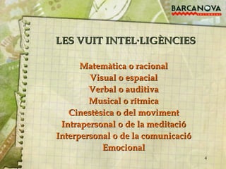 LES VUIT INTEL · LIGÈNCIES Matemàtica o racional Visual o espacial Verbal o auditiva Musical o rítmica Cinestèsica o del moviment Intrapersonal o de la meditació Interpersonal o de la comunicació Emocional 