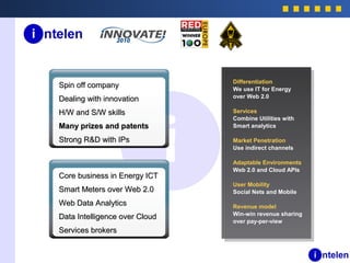 Spin off companySpin off company
Dealing with innovationDealing with innovation
H/W and S/W skillsH/W and S/W skills
Many prizes and patentsMany prizes and patents
Strong R&D with IPsStrong R&D with IPs
Core business in Energy ICTCore business in Energy ICT
Smart Meters over Web 2.0Smart Meters over Web 2.0
Web Data AnalyticsWeb Data Analytics
Data Intelligence over CloudData Intelligence over Cloud
Services brokersServices brokers
Differentiation
We use IT for Energy
over Web 2.0
Services
Combine Utilities with
Smart analytics
Market Penetration
Use indirect channels
Adaptable Environments
Web 2.0 and Cloud APIs
User Mobility
Social Nets and Mobile
Revenue model
Win-win revenue sharing
over pay-per-view
 