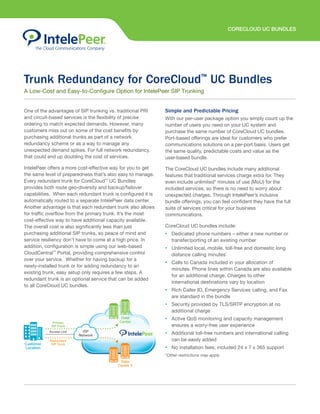 Trunk Redundancy for CoreCloud™
UC Bundles
CORECLOUD UC BUNDLES
A Low-Cost and Easy-to-Configure Option for IntelePeer SIP Trunking
One of the advantages of SIP trunking vs. traditional PRI
and circuit-based services is the flexibility of precise
ordering to match expected demands. However, many
customers miss out on some of the cost benefits by
purchasing additional trunks as part of a network
redundancy scheme or as a way to manage any
unexpected demand spikes. For full network redundancy,
that could end up doubling the cost of services.
IntelePeer offers a more cost-effective way for you to get
the same level of preparedness that’s also easy to manage.
Every redundant trunk for CoreCloud™
UC Bundles
provides both route geo-diversity and backup/failover
capabilities. When each redundant trunk is configured it is
automatically routed to a separate IntelePeer data center.
Another advantage is that each redundant trunk also allows
for traffic overflow from the primary trunk. It’s the most
cost-effective way to have additional capacity available.
The overall cost is also significantly less than just
purchasing additional SIP trunks, so peace of mind and
service resiliency don’t have to come at a high price. In
addition, configuration is simple using our web-based
CloudCentral™
Portal, providing comprehensive control
over your service. Whether for having backup for a
newly-installed trunk or for adding redundancy to an
existing trunk, easy setup only requires a few steps. A
redundant trunk is an optional service that can be added
to all CoreCloud UC bundles.
Simple and Predictable Pricing
With our per-user package option you simply count up the
number of users you need on your UC system and
purchase the same number of CoreCloud UC bundles.
Port-based offerings are ideal for customers who prefer
communications solutions on a per-port basis. Users get
the same quality, predictable costs and value as the
user-based bundle.
The CoreCloud UC bundles include many additional
features that traditional services charge extra for. They
even include unlimited* minutes of use (MoU) for the
included services, so there is no need to worry about
unexpected charges. Through IntelePeer’s inclusive
bundle offerings, you can feel confident they have the full
suite of services critical for your business
communications.
CoreCloud UC bundles include:
• Dedicated phone numbers – either a new number or
transfer/porting of an existing number
• Unlimited local, mobile, toll-free and domestic long
distance calling minutes*
• Calls to Canada included in your allocation of
minutes. Phone lines within Canada are also available
for an additional charge. Charges to other
international destinations vary by location
• Rich Caller ID, Emergency Services calling, and Fax
are standard in the bundle
• Security provided by TLS/SRTP encryption at no
additional charge
• Active QoS monitoring and capacity management
ensures a worry-free user experience
• Additional toll-free numbers and international calling
can be easily added
• No installation fees, included 24 x 7 x 365 support
*Other restrictions may apply
Primary
SIP Trunk
Redundant
SIP Trunk
ISP
Network
Data
Center
Access Link
Customer
Location
Data
Center 2
 